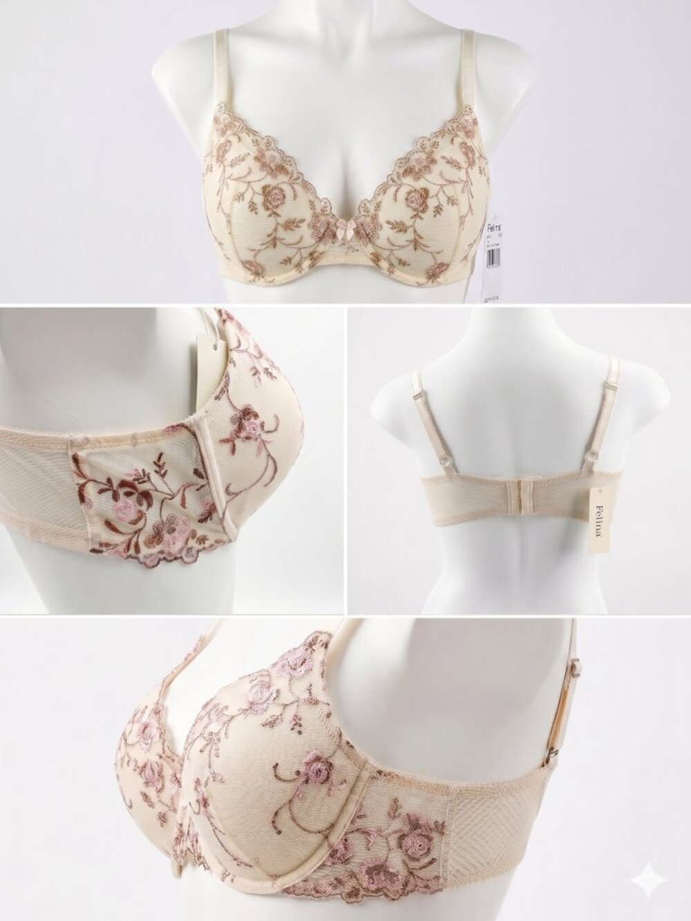 Felina Floral Embroidered Underwire Bra 36A Tan Pink Brown Padded NWT Style 6259